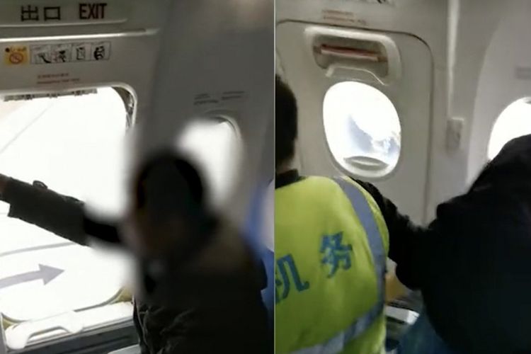 Foto yang viral memperlihatkan seorang penumpang maskapai Shandong Airlines membuka pintu pesawat karena tidak sabar mengantre dalam kejadian di Putuo, China.