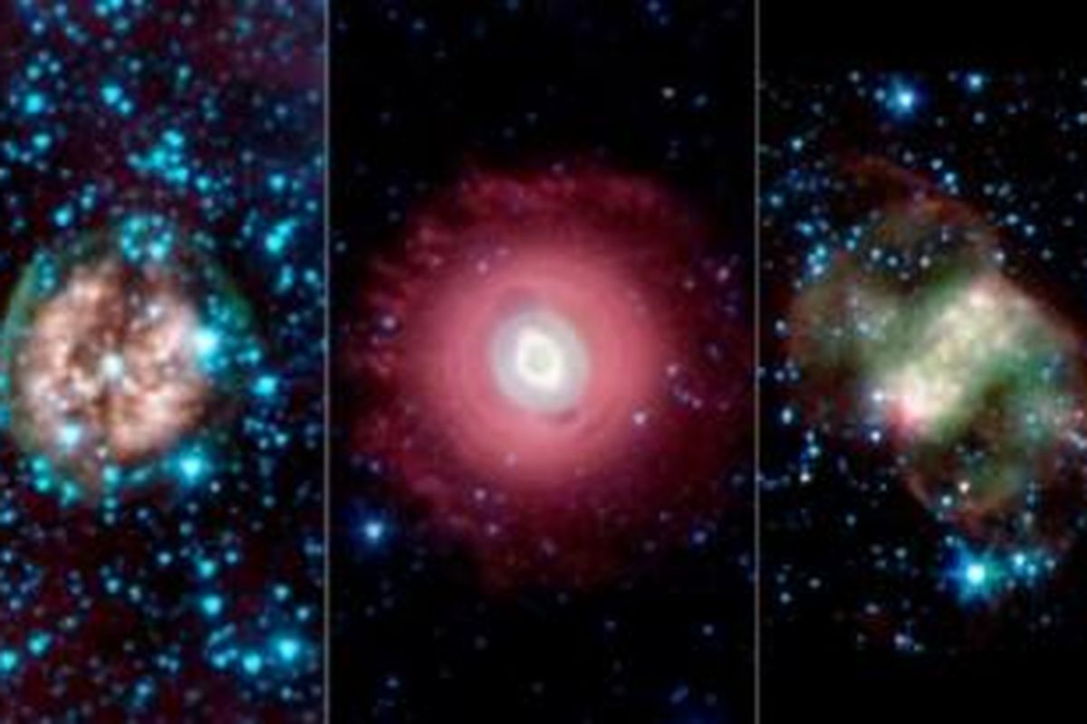 Trio hantu ini diambil menggunakan teleskop Spitzer milik NASA dan menunjukkan apa yang tersisa dari bintang sekarat yang disebut nebula planet. 