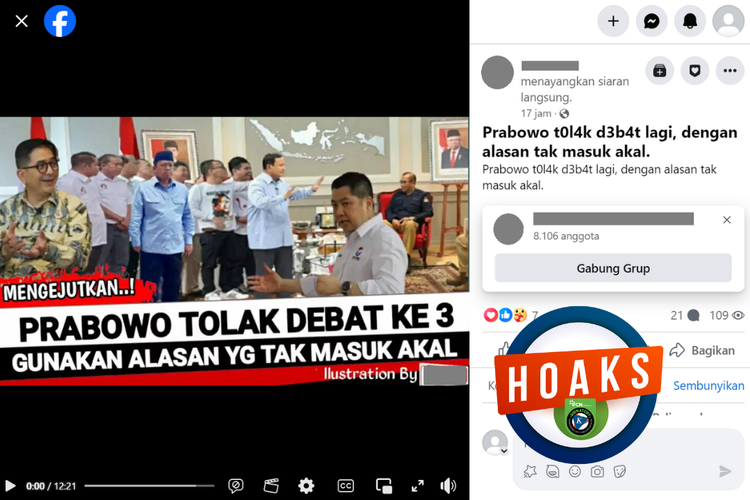 Tangkapan layar konten hoaks di sebuah akun Facebook, Kamis (4/1/2024), soal Prabowo menolak debat ketiga.