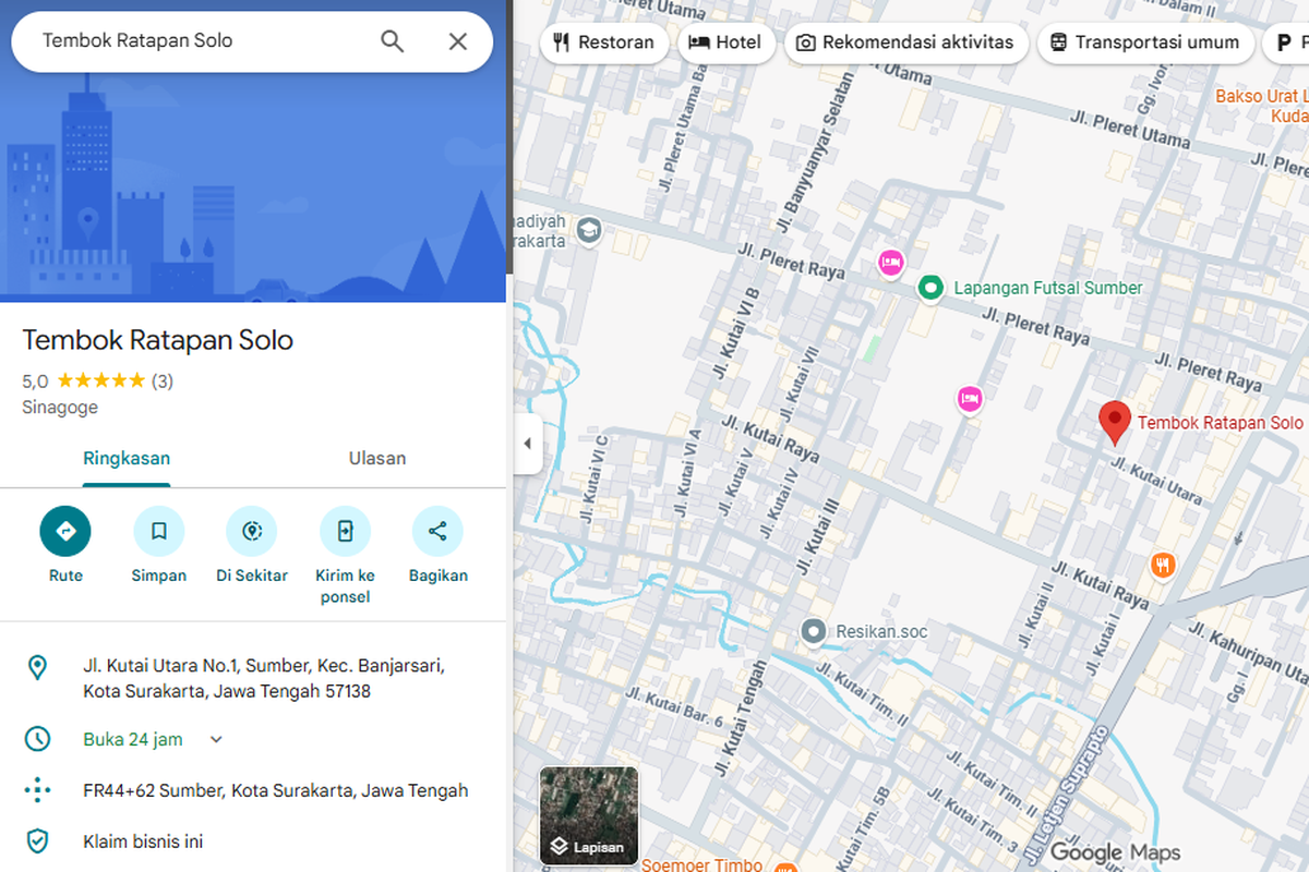 Tangkapan layar Google Maps menunjukkan alamat rumah Presiden ke-7 RI Joko Widodo diberi nama tembok ratapan Solo.