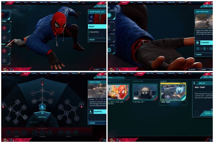 Tampilan menu di Spider-Man: Miles Morales yang lebih segar dan mulus.