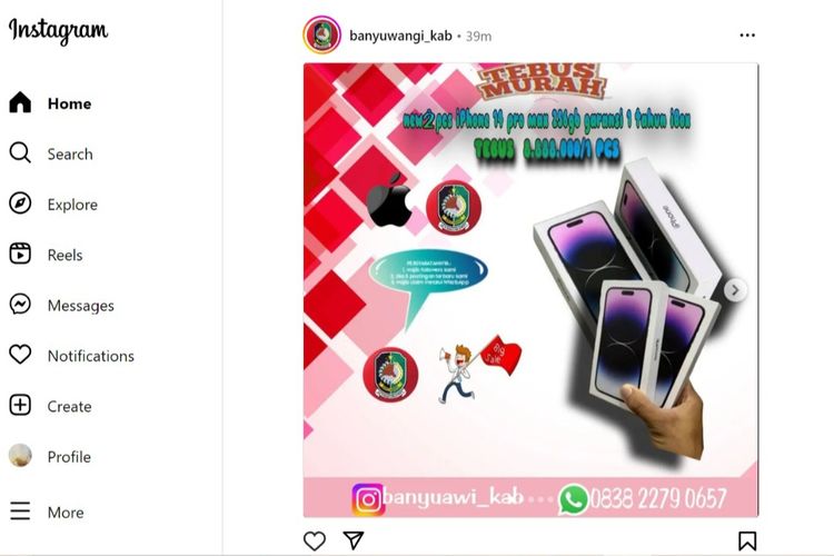 Potongan gambar postingan Instagram resmi Pemkab Banyuwangi yang diretas 