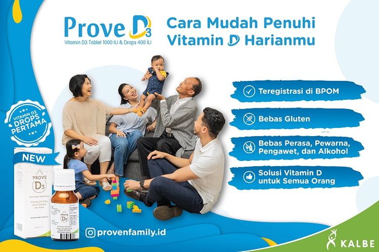 Prove D3, suplemen vitamin D untuk seluruh keluarga. (Dok. Kalbe) 