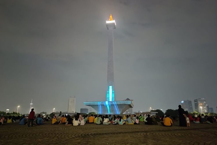 Pertunjukan video mapping yang gagal dilakukan di Tugu Monas, Jakarta, Kamis (1/6/2023).