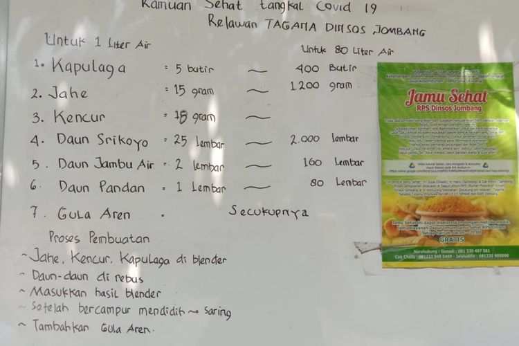 Komposisi bahan pembuatan jamu Dapur Umum Jamu Sehat di Rumah Pelayanan Sosial (RPS) Dinas Sosial Kabupaten Jombang, Jawa Timur.