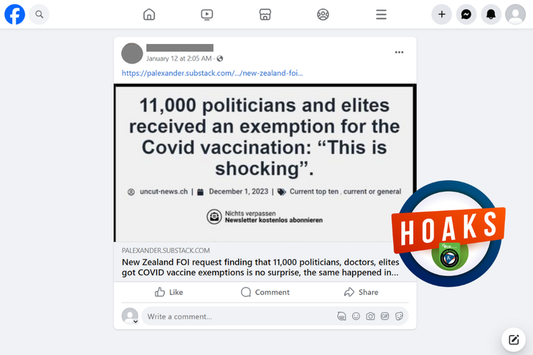 Tangkapan layar konten hoaks di sebuah akun Facebook, 12 Januari 2024, yang mengeklaim elit dan politisi Selandia Baru yang mendapat pengecualian wajib vaksin Covid-19.
