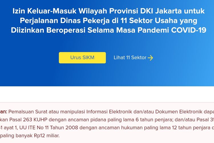 Tangkapan layar laman pengajuan Surat Izin Keluar Masuk (SIKM) Jakarta dalam situs corona.jakarta.go.id.