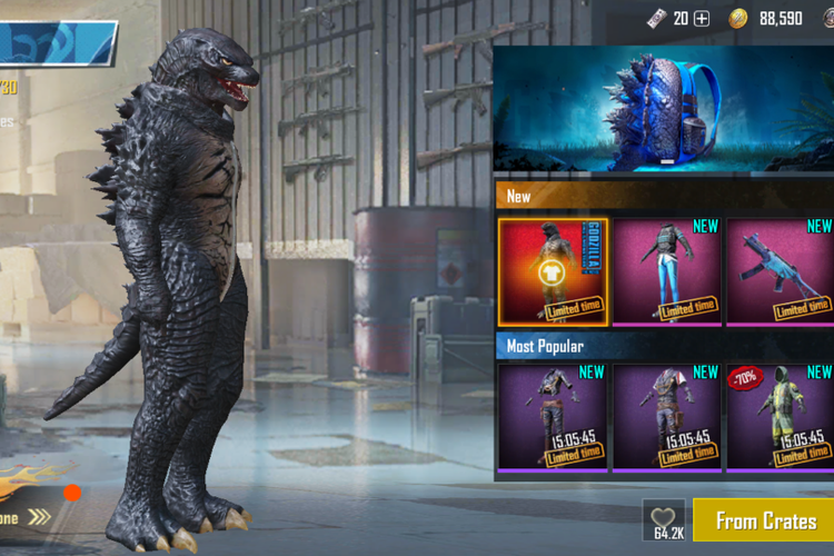 Ilustrasi skin dan kostum bernuansa Godzilla di game PUBG Mobile