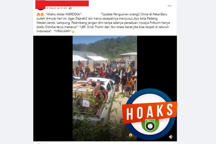 Tangkapan layar Facebook, video dengan narasi warga Pekanbaru mengusir WNA China