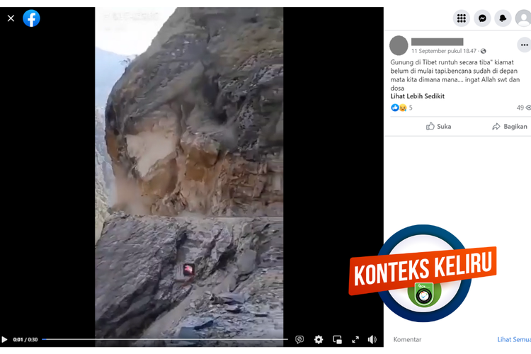 Tangkapan layar unggahan dengan konteks keliru di sebuah akun Facebook, 11 September 2023, soal video gunung di Tibet longsor.