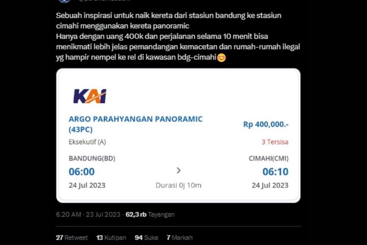 Tangkapan layar harga tiket KA Panoramic pada Argo Parahyangan yang dibanderol Rp 400.00 padahal durasi perjalanannya 10 menit.