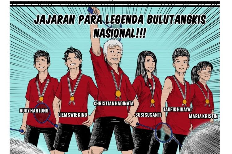 Sederet legenda bulu tangkis seperti Taufik Hidayat, Liem Swie King, dll di komik SMARAK!!! karya Hanang Wicaksana dan Hael Elliyas dari Oray Studios.
