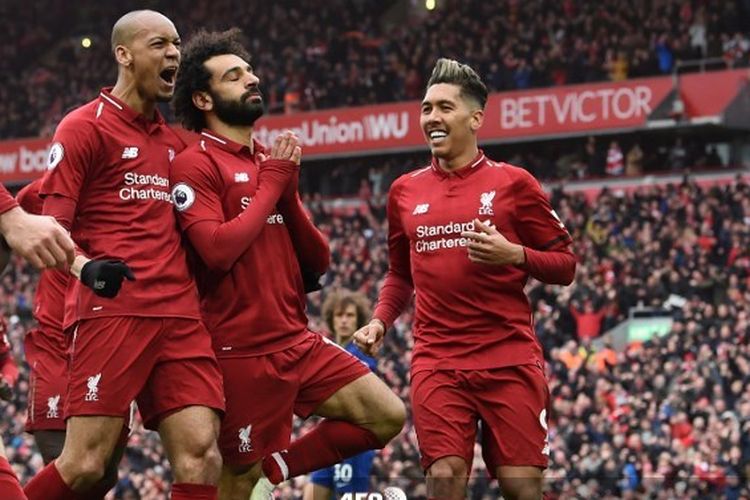 Mohamed Salah merayakan gol yang dicetak pada laga Liverpool vs Chelsea di Liga Premier Inggris, 14 April 2019. 