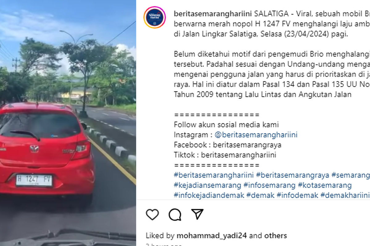 Video pengemudi Honda Brio merah menghalagi laju ambulans di Salatiga, Jawa Tengah.