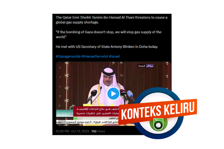Konteks keliru, dalam pidato ini Amir Qatar Sheikh Tamim bin Hamad Al Thani tidak bicara soal menghentikan pasokan gas dunia