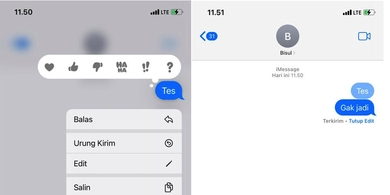 Ilustrasi edit pesan terkirim di iMessage iOS 16.