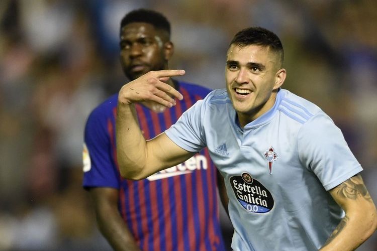 Maxi Gomez merayakan golnya pada pertandingan Celta Vigo vs Barcelona dalam lanjutan La Liga Spanyol di Stadion Balaidos, 4 Mei 2019. 