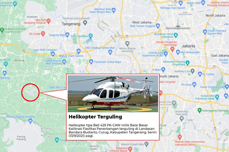 Lokasi helikopter terguling di Landasan Bandara Budiarto, Curug, Kabupaten Tangerang, Senin (13/9/2021) pagi.