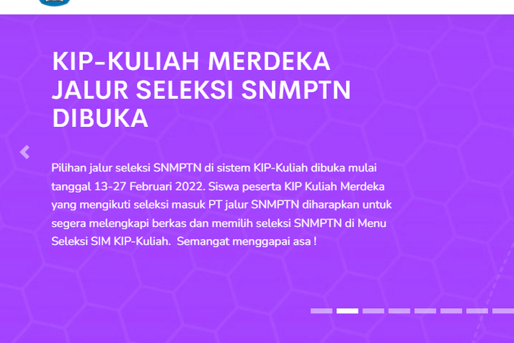 Tangkapan layar laman KIP Kuliah, pendaftaran KIP Kuliah jalur seleksi SNMPTN 2022 telah dibuka