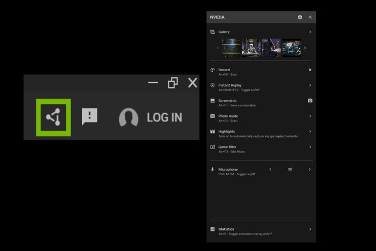 Tampilan panel menu Nvidia Overlay dalam aplikasi Nvidia