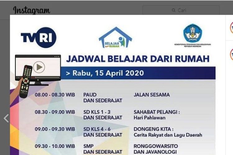 Tangkapan layar jadwal Belajar dari Rumah Rabu 15 April 2020.