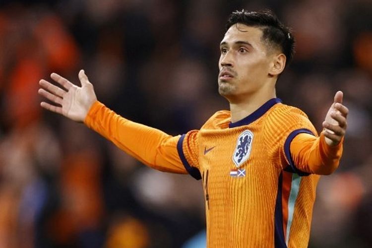 Selebrasi gelandang Belanda, Tijjani Reijnders, seusai mengemas gol dalam laga persahabatan antara Belanda vs Skotlandia di Stadion Johan Cruyff pada Minggu (24/3/2024).