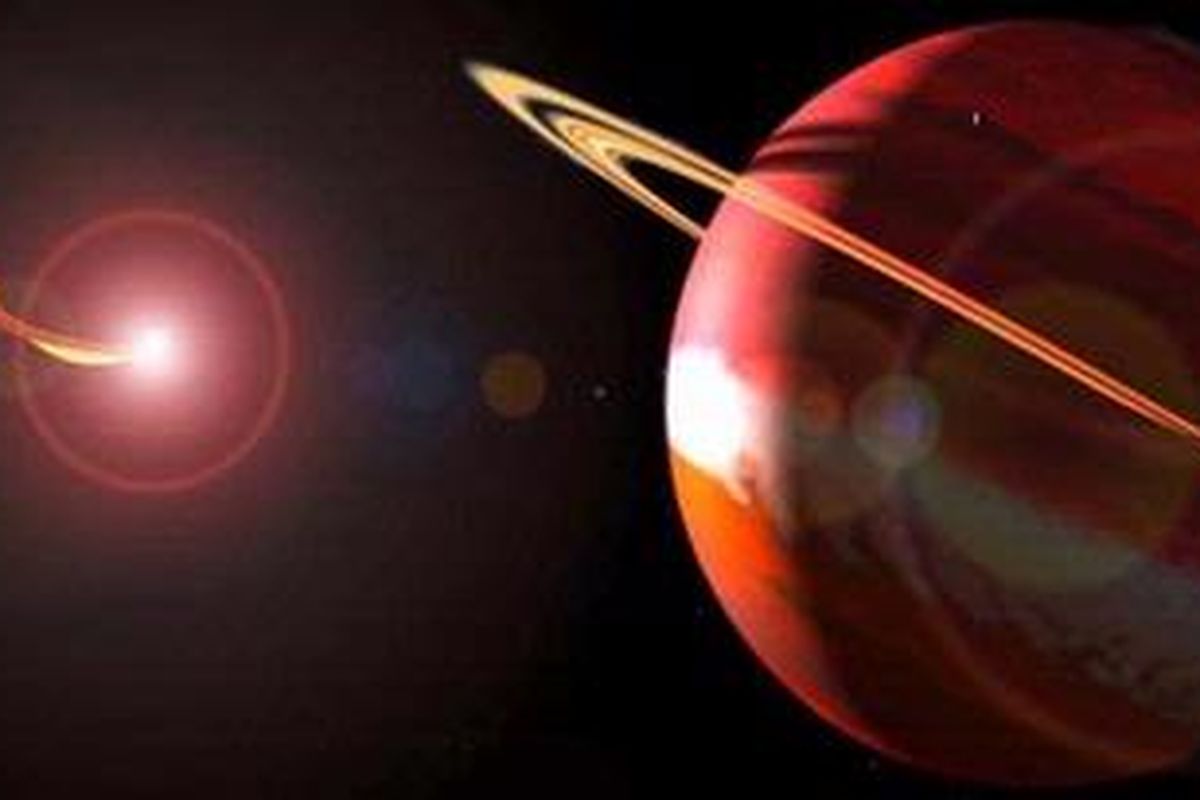 Ilustrasi tata surya teraneh berisi dua bintang raksasa yang mengitari dua planet kembar.