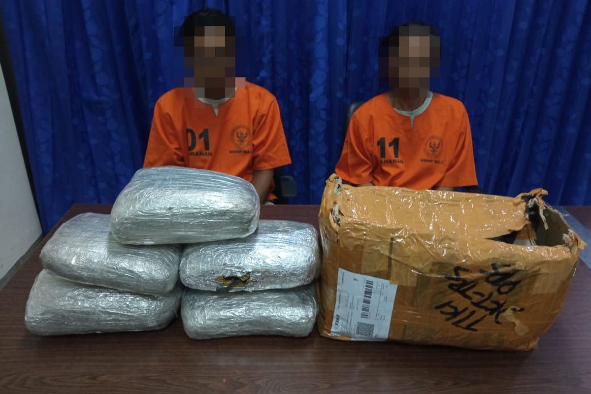 AI dan MF, pemasok ganja dari Sumatera Utara, Medan ke Bali saat ditangkap petugas BNNP Bali, Minggu (17/9/2023). /Dok. Humas BNNP Bali