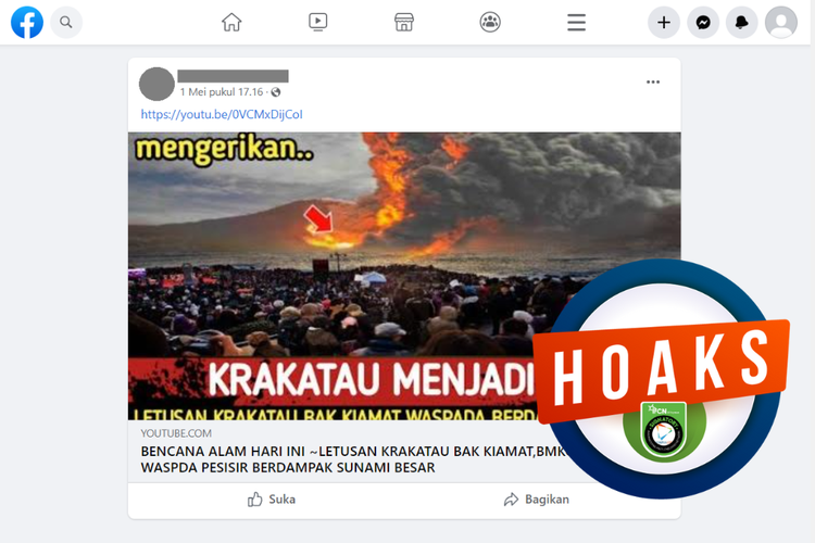 Tangkapan layar unggahan dengan narasi hoaks di sebuah akun Facebook, 1 Mei 2023, soal imbauan tsunami besar akibat letusan Krakatau.