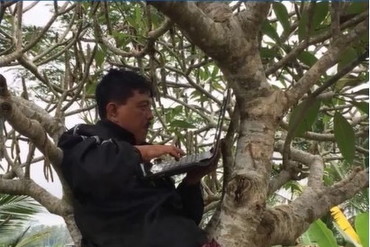 Seorang guru di Bali bernama Sarjana yang rela naik ke atas pohon agar memperoleh akses internet.