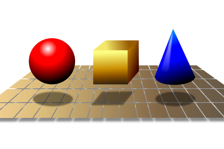 Bentuk 3 dimensi bola, kubus, dan juga kerucut