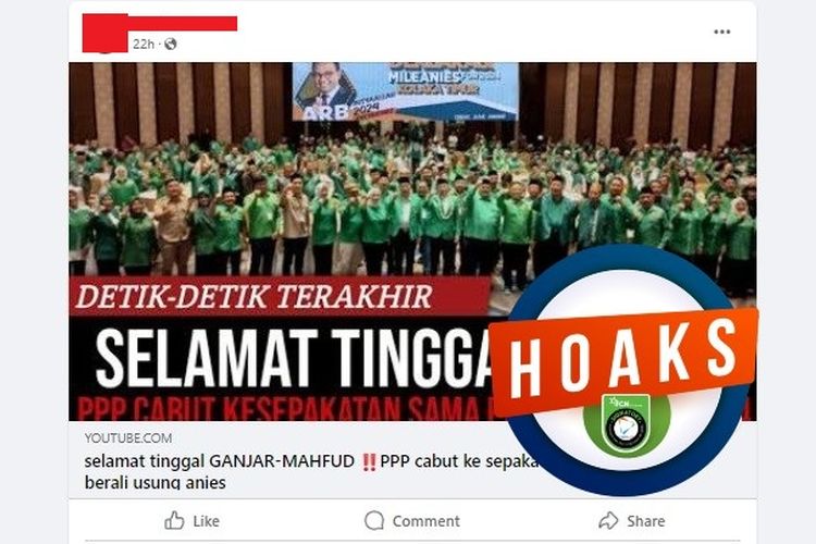 Tangkapan layar Facebook narasi yang menyebut PPP mencabut dukungan kepada Ganjar Pranowo di Pilpres 2024