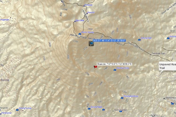 Titik koordinat pelari lintas alam Mantra Summits Challenge 2022, Yurbianto Basri (46) yang hilang di kawasan Gunung Arjuno.