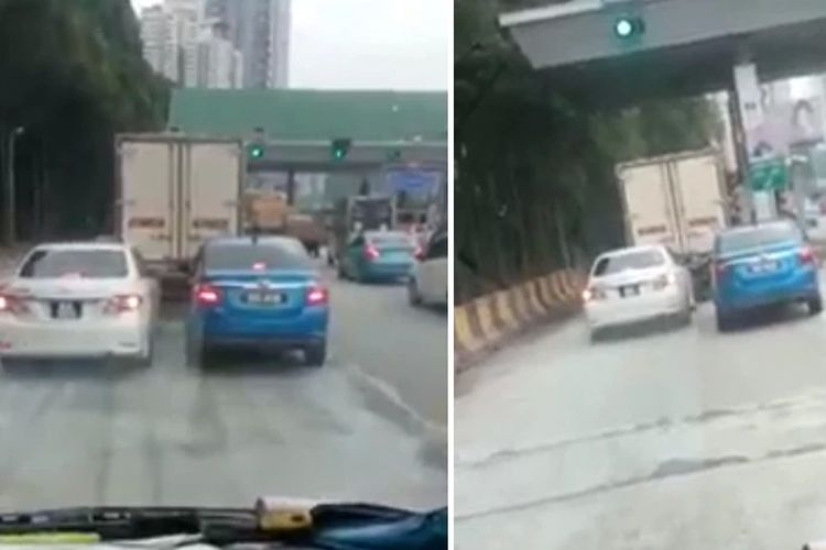 Tangkapan layar dari video viral tentang dua mobil yang rebutan masuk gerbang tol di Malaysia. Video ini diunggah akun Info Roadblock JPJ/POLIS di Facebook pada Sabtu (1/5/2021).