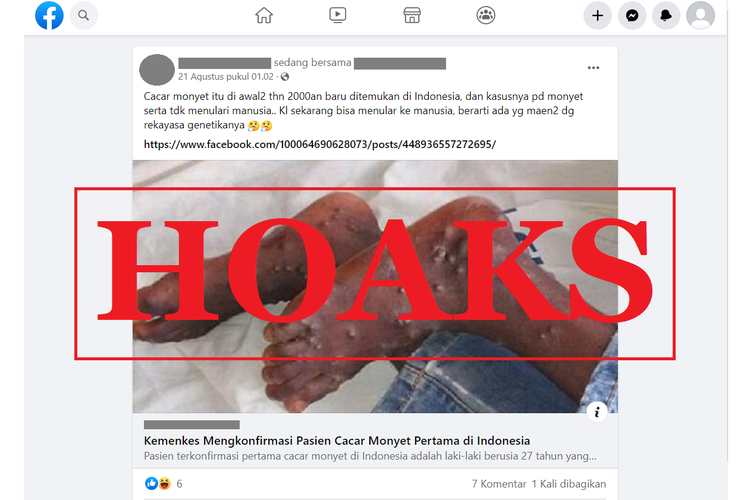 Tangkapan layar unggahan dengan narasi hoaks di sebuah akun Facebook, 21 Agustus 2022, yang menyebut bahwa cacar monyet tidak menular pada manusia.
