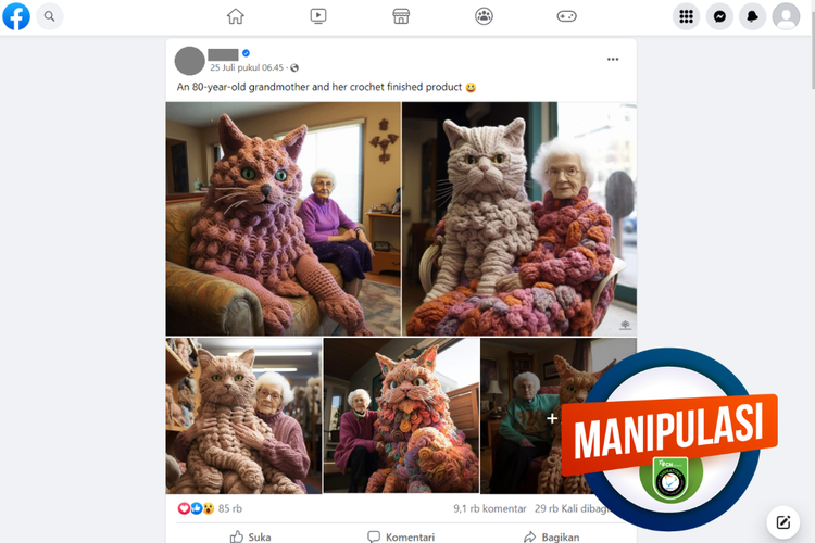 Tangkapan layar konten manipulasi di sebuah akun Facebook, Selasa (25/7/2023), soal kumpulan foto nenek-nenek berusia 80 tahun, yang berpose dengan boneka rajut berbentuk kucing raksasa.