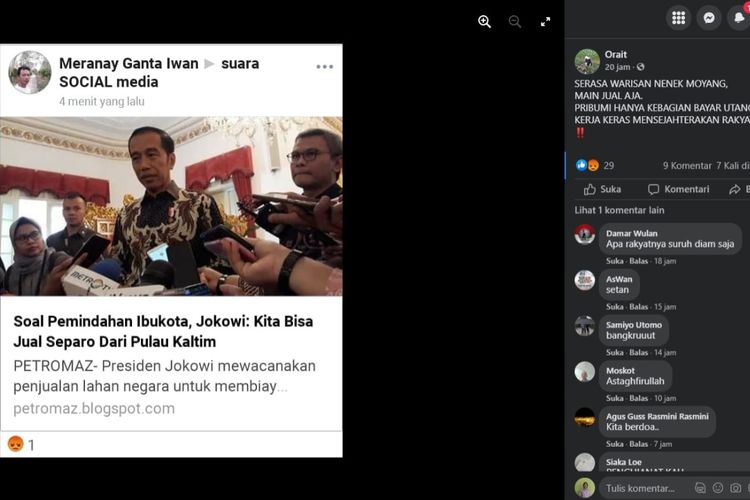 Tangkapan layar narasi yang diunggah di Facebook, Rabu (1/9/2021) yang menyebutkan bahwa Jokowi akan menjual separuh tanah di Kalimantan Timur untuk membiayai pemindahan Ibu Kota.