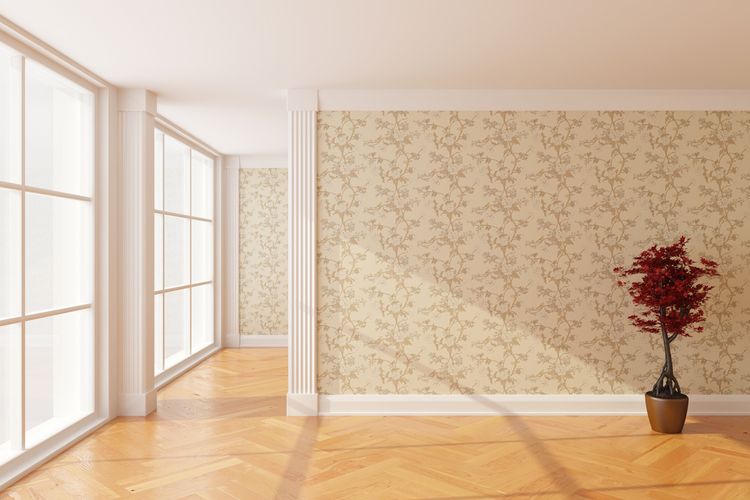 Ilustrasi ruangan yang area temboknya dilapisi dengan wallpaper
