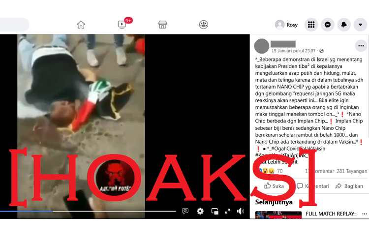 Tangkapan layar video hoaks di sebuah akun Facebook, yang diklaim sebagai demonstran Israel yang kepalanya terbakar akibat nanochip bertabrakan dengan jaringan 5G.