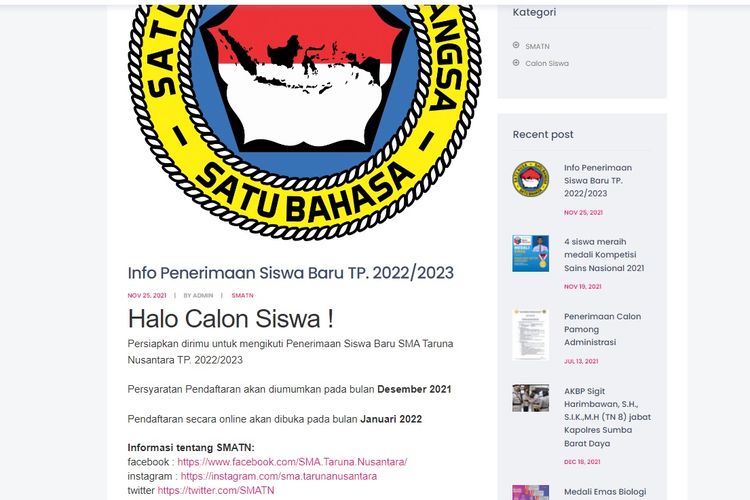 Tangkapan layar informasi pendaftaran SMA Taruna Nusantara