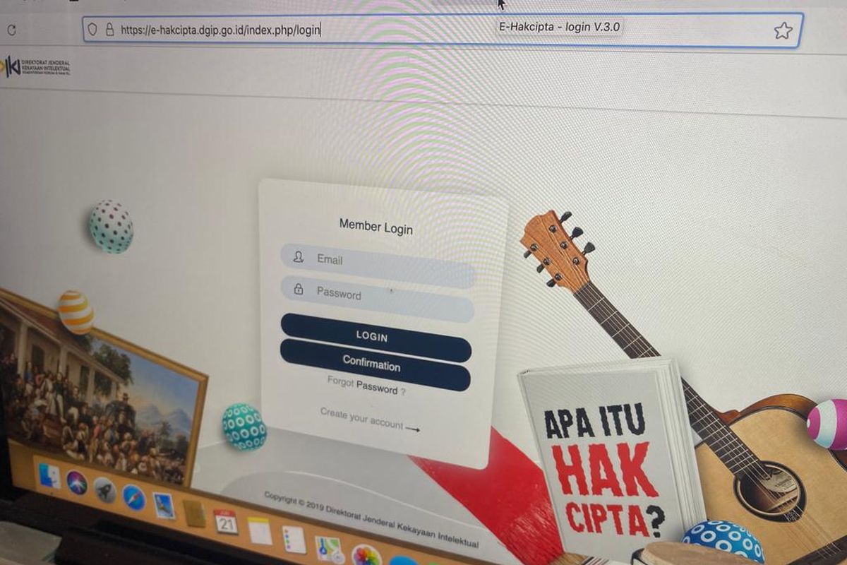 Halaman situs web untuk mendaftarkan hak cipta lagu dan musik secara online