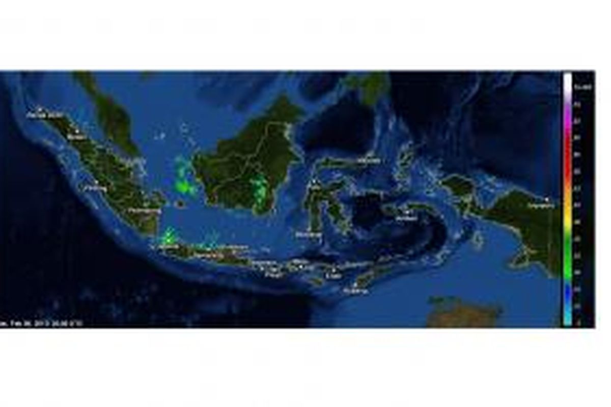 Citra radar cuaca wilayah Indonesia pada Senin (9/2/2015). Pengamatan terkini pada pukul 10.20 WIB. 