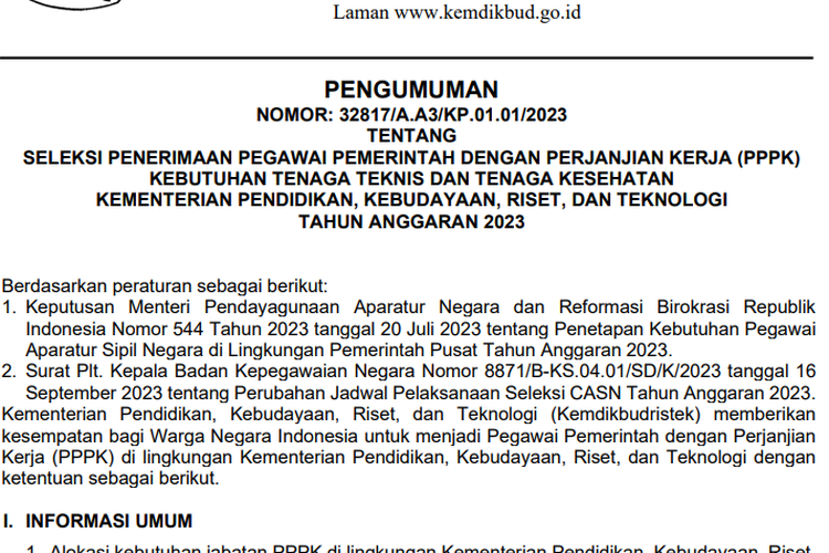 Informasi pembukaan penerimaan PPPK 2023 di lingkungan Kemendikbud Ristek.