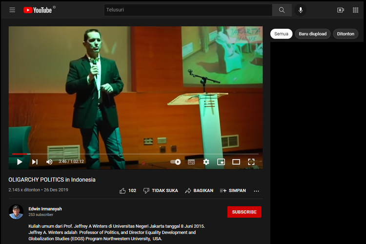 Tangkapan layar video di akun YouTube Edwin Irmansyah yang diunggah pada 26 Desember 2019 berjudul OLIGARCHY POLITICS in Indonesia.