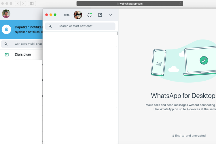 Dua akun WhatsApp yang berbeda dan terbuka secara bersamaan di satu PC. (kiri) Akun yang dibuka di WhatsApp Web menggunakan Incognito Mode. (kanan) Akun yang dibuka di WhatsApp Desktop.