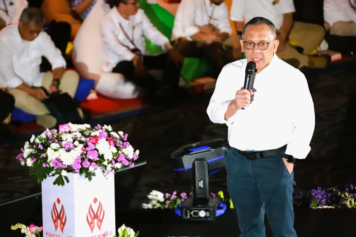 Kepala Badan Riset dan Inovasi Nasional (BRIN) Laksana Tri Handoko saat memberikan sambutan dalam Peringatan Hari Kebangkitan Teknologi Nasional (Hakteknas) ke-28 yang digelar di Gedung B.J. Habibie, Jl. M.H. Thamrin, Jakarta Pusat, Kamis (10/8/2023)