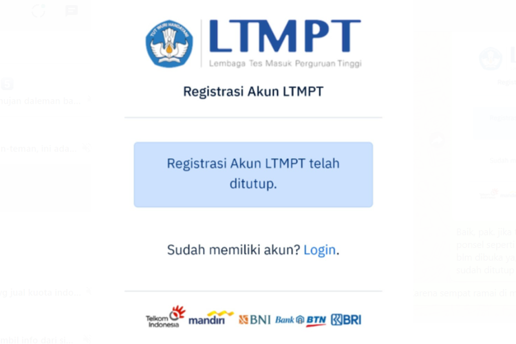 Tangkapan layar laman LTMPT yang menampilkan status Registrasi Akun LTMPT telah ditutup.