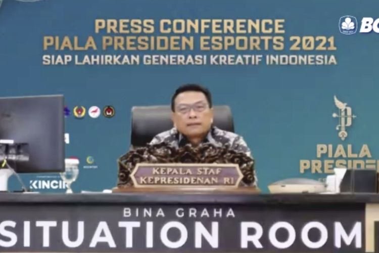 Kepala Staf Kepresidenen Republik Indonesia Jenderal TNI (Purn) Moeldoko berbicaca dalam jumpa pers Piala Presiden Esports 2021 yang dilaksakanan secara daring pada Selasa (14/9/2021).