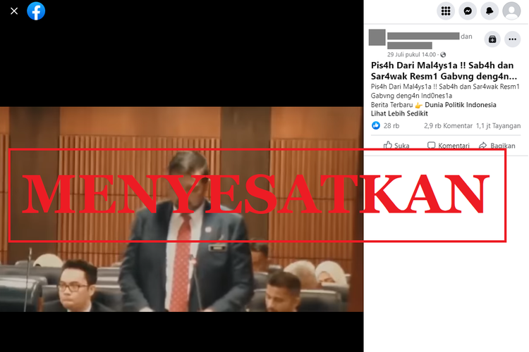 Tangkapan layar unggahan dengan narasi menyesatkan di sebuah akun Facebook, Jumat (29/7/2022), mengenai negara bagian Sabah dan Sarawak yang keluar dari Federasi Malaysia dan bergabung dengan Indonesia.