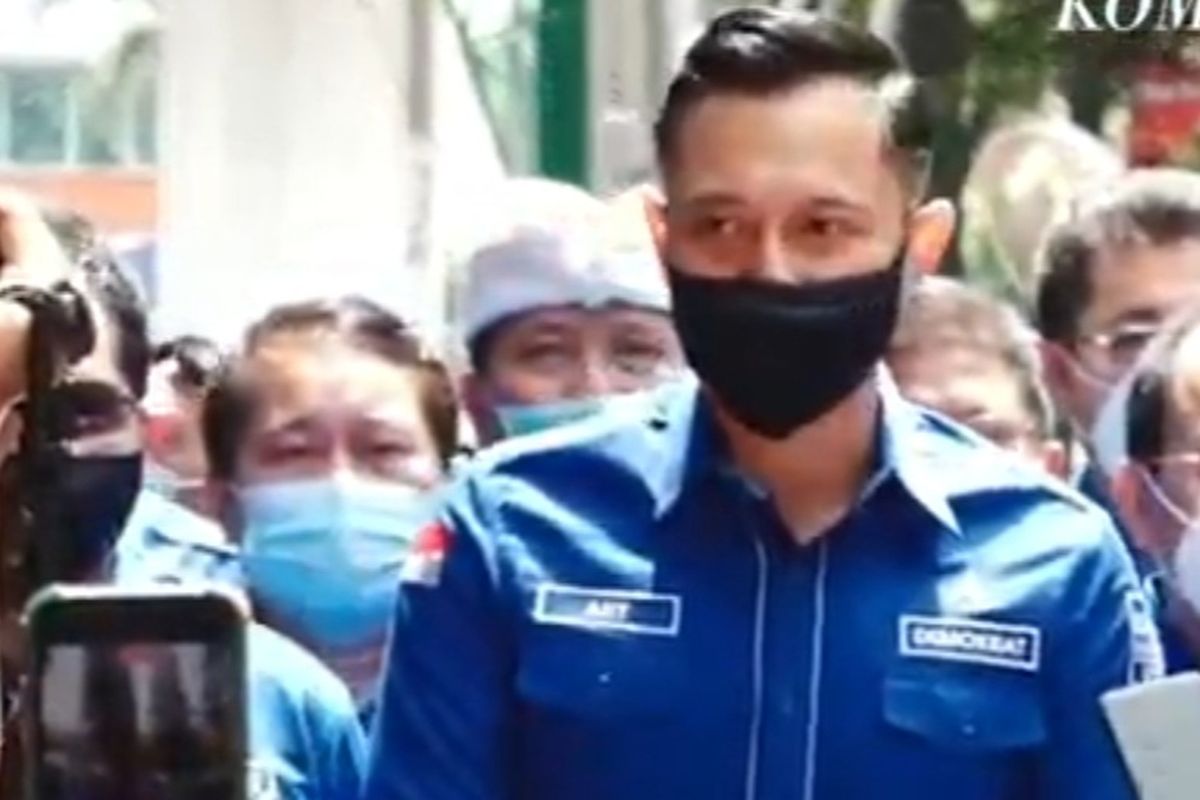 Chairman of the Democratic Party Agus Harimurti Yudhoyono (AHY) speaks to journalists upon arrival at the Ministry of Law and Human Rights on Monday, March 8, 2021. 